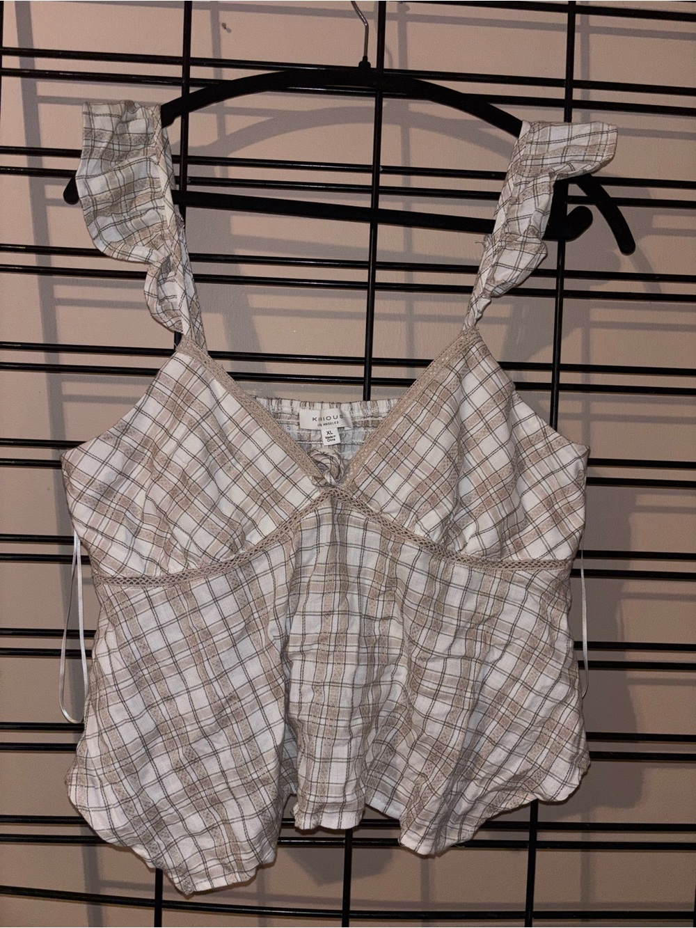 Light Plaid Ruffle-Strap Camisole in Beige and White